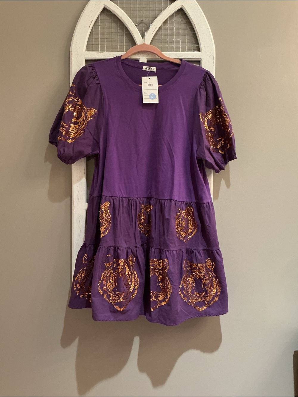 Women's Purple Tiered Mini Dress with Gold Sequin Tiger Accents